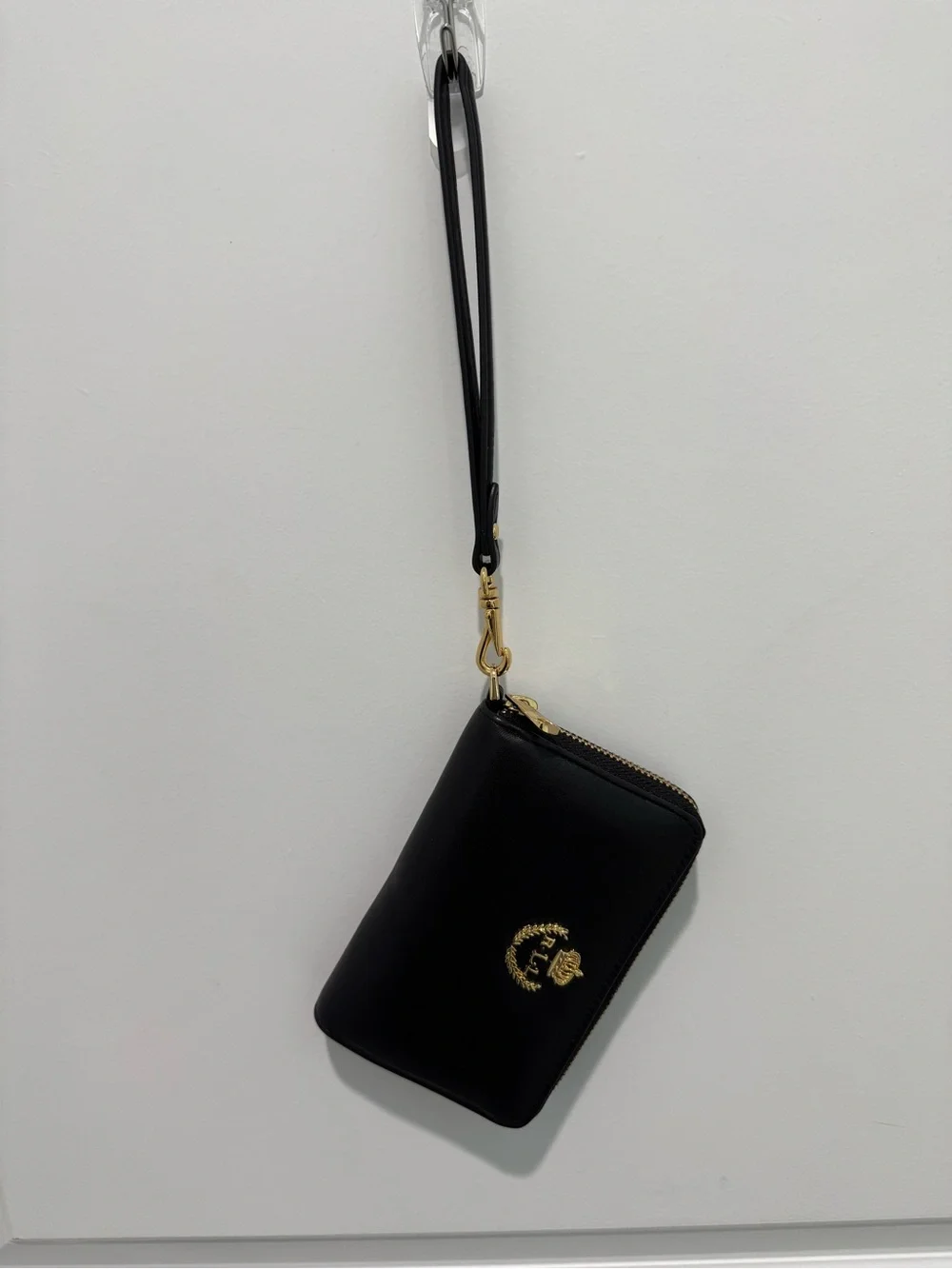 Vintage Lauren Ralph Lauren black leather crown crest zip wristlet wallet NWT